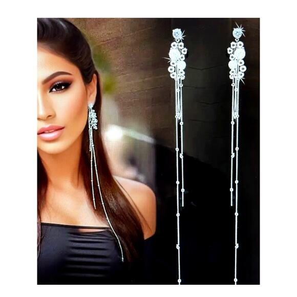 Long Tassel Elegant Silver Dangle Fashion Earrings 11" - Picture 9 of 10